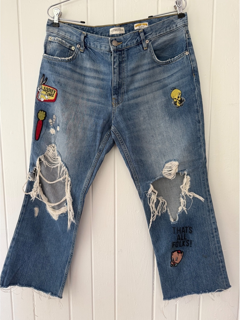 Zara Woman Premium Denim Looney Tunes Patchwork Distressed Jeans Size 40 US 10